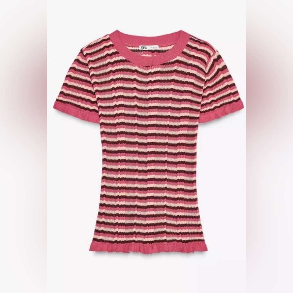 Zara Pink and Black Striped Knit Top